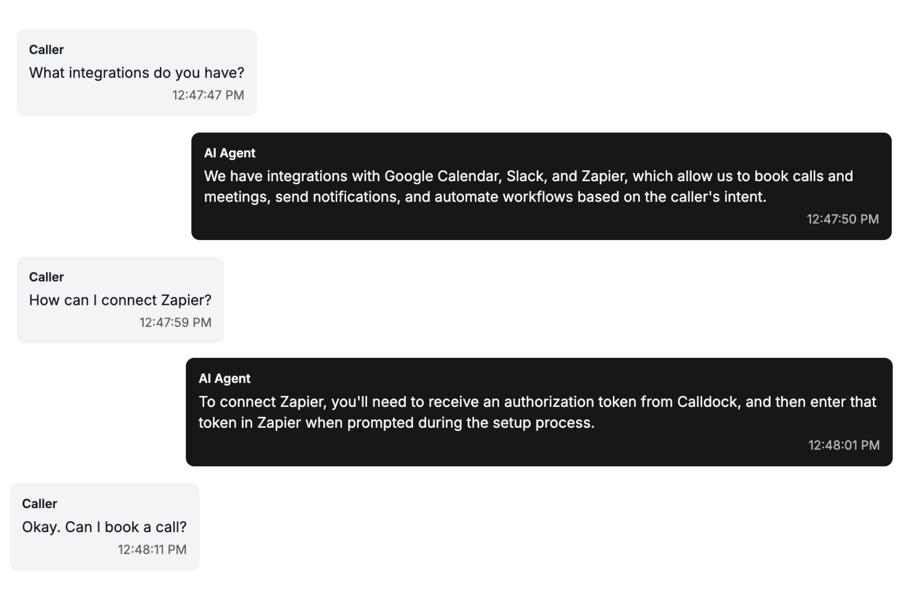Screenshot showing AI voice agent having contextual conversations with customers