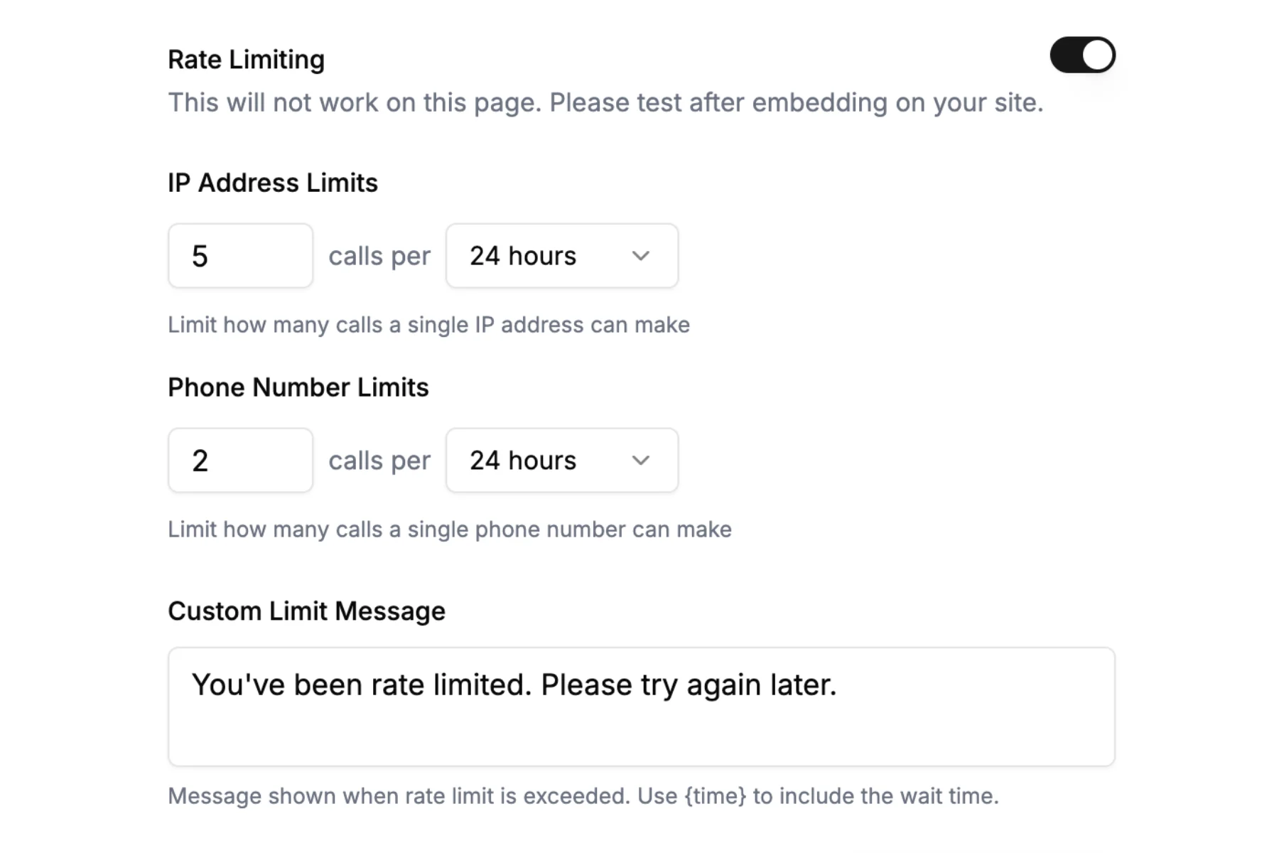 Dashboard showing spam protection and rate limiting features